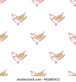 Vector seamless pattern of cute bright birds on white background
