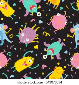 vector seamless pattern with cute bright monsters on dark background