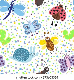 Vector seamless pattern with cute bugs on the doted background: butterflies, snail, bee, ladybug, ant, dragonfly and caterpillar