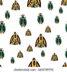 Vector seamless pattern with cute bugs.color hand-drawn illustration in the cartoon style on white background.suitable for fabric design, bed linen,t-shirt design, mug design, packaging paper.