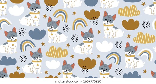 Vector sin fisuras con lindos perros bulldog, nubes, arcos azules. Guardería, textil, diseño de tela para niños, niños, niñas. Tejido de estilo escandinavo. Perro, cachorros ilustrados.