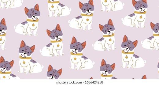 Vector seamless pattern with cute bulldog dogs on pink. Nursery, textile, fabric design for kids, boys, girls. Scandinavian style textile. Dog, puppies illustrations.
