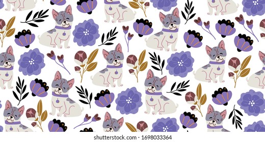 Vector seamless pattern with cute bulldog dogs, spring flowers, herbs on white. Nursery, textile, fabric design for kids, boys, girls. Scandinavian style textile. Dog, puppies illustrations.