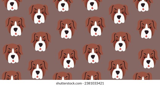 Patrón vectorial sin fisuras con rostros de perro de toros adorables. Patrón de perro con fondo marrón.