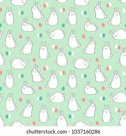 Vector seamless pattern with cute bunnies and easter eggs. Easter Day background.