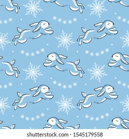 Vector Seamless Pattern with Cute Bunnies. Winter Holiday Background with Cartoon Doodle Line Art Little Rabbits. Bunny with Snowflakes. Hares and Snow Print for Christmas and New Year