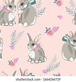 Vector de un patrón impecable de lindos conejillos en un fondo rosado. Impresión delicada. Bunnies con flores. Patrón de impresión en textiles, papel, embalaje, papel pintado.