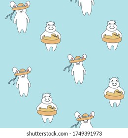 Vector seamless pattern with cute bunnies in straw hats and funny hippos. Isolated animals, light blue background
