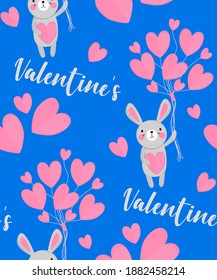 Vector seamless pattern cute bunnies with heart shaped balloons and text Valentine's. St Valentine's day holiday background. Cartoon cute print for package, fabric, wallpaper, textile, wrapping paper