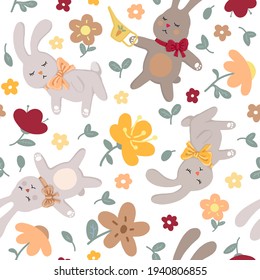 vector seamless pattern of cute bunnies and flowers. characters illustration. for newborn baby clothes, fabrics, bed linen, wallpaper, wrapping paper
