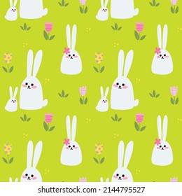 Vector seamless pattern with cute bunnies family on fresh green grass. Flat cartoon lovely childish illustration of rabbits