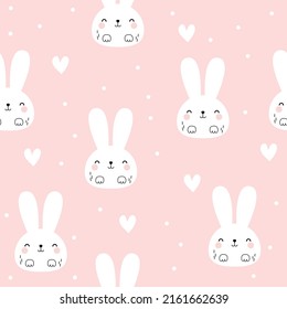 Vector seamless pattern with cute bunnies and hearts. Kawaii Bunny. Print for wallpaper in the nursery, textiles, clothes for the baby.