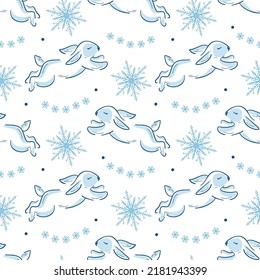 Vector Seamless Pattern with Cute Bunnies. Winter Holiday Background with Line Art Little Rabbits. Bunny with Snowflakes. Hares and Snow Print for Christmas or New Year Chinese zodiac 2023