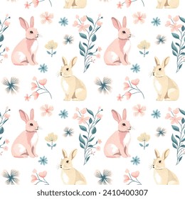 Vector seamless pattern with cute bunnies. Spring backgrounds in folk style. Vintage rabbits hand drawn print. 