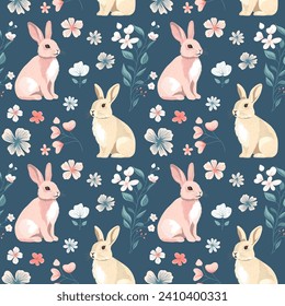 Vector seamless pattern with cute bunnies. Spring backgrounds in folk style. Vintage rabbits hand drawn print. 