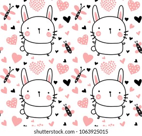 vector seamless pattern, cute bunny and hearts on white backgrpund
