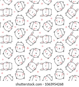 vector seamless pattern, cute bunny, cat and hearts on white background