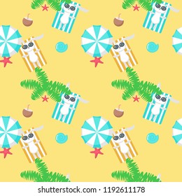 Vector seamless pattern with cute bunny taking rest on beach. Summer beach background, wallpaper, fabric, wrapping paper design.