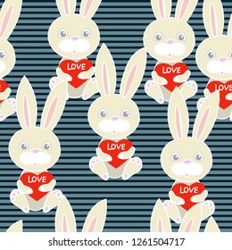 Vector of seamless pattern with cute bunny and red heart on striped background