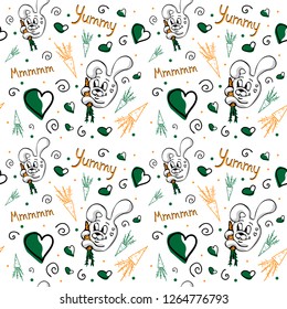 Vector seamless pattern with cute bunny, carrots, curls and hearts on a white background. Great for printing and textile design.Hand drawn