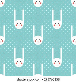 Vector seamless pattern with cute bunny and polka dot  in cartoon style. Can be used for wallpapers, pattern fills, web page backgrounds, surface textures, fabric, textile, paper. Flat design