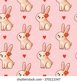 Vector seamless pattern with cute bunny on a pink background. Perfect for greeting cards for Valentine's Day.