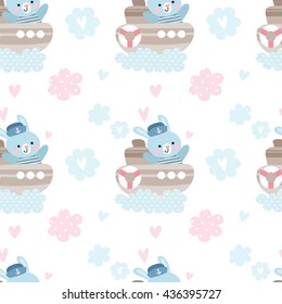 Vector seamless pattern with cute bunny on the ship. Funny children's background with rabbit.