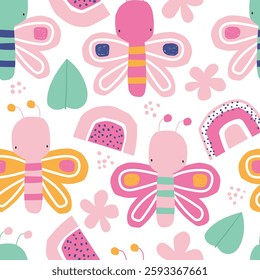 Vector seamless pattern with cute butterflies, rainbows, flowers and leaves. Bright, spring, summer print for kids. Insects. Creative kids texture for fabric, wrapping, textile, wallpaper. Nursery. 