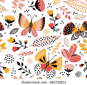 Vector seamless pattern with cute butterflies, flowers and plants. Bright stylish summer background.