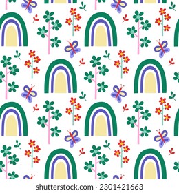 Vector seamless pattern. Cute butterfly, rainbow, flowers on white background. Creative scandinavian kids texture for fabric, wrapping, textile, wallpaper, apparel. Vector illustration.