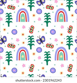 Vector seamless pattern. Cute butterfly, rainbow, flowers on white background. Creative scandinavian kids texture for fabric, wrapping, textile, wallpaper, apparel. Vector illustration.