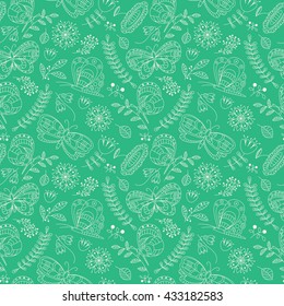 Vector seamless pattern with cute butterfly and beauty flowers and plants