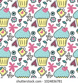 Vector seamless pattern with cute cakes, cherries in the form of hearts, flowers and lovely cups.
