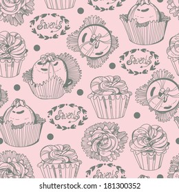 Vector seamless pattern with cute cakes and bows in gentle colors.