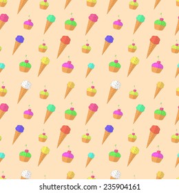 Vector seamless pattern of cute cakes and ice cream. Endless background for wallpaper, web page background, surface textures, pattern fills.