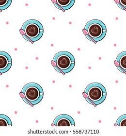 Vector seamless pattern. Cute caps with coffee