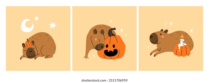 Vector seamless pattern with cute capybara in a pumpkin hat, with jack o lantern, capybara laying with pumpkin and candle, crescent moon and stars.. Charming cozy picture of halloween capybara.