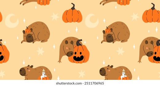 Vector seamless pattern with cute capybara in a pumpkin hat, with jack o lantern, capybara laying with pumpkin and candle, crescent moon and stars.. Charming cozy picture of halloween capybara.