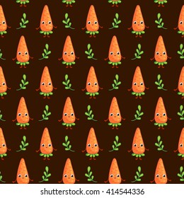 Vector seamless pattern with cute Carrots on dark background. Cartoon vegetable character Carrot.
