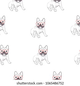 Vector seamless pattern with cute cartoon dog puppies. Can be used as a background, wallpaper, fabric and for other design.French Bulldog pattern
