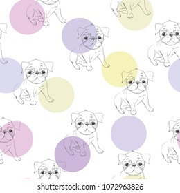 Vector seamless pattern with cute cartoon dog puppies. Can be used as a background, wallpaper, fabric and for other design.French Bulldog pattern