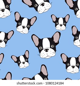 Vector seamless pattern with cute cartoon dog puppies. Can be used as a background, wallpaper, fabric and for other design. French Bulldog pattern