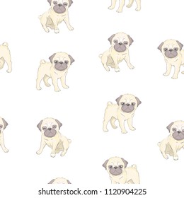 Vector seamless pattern with cute cartoon dog puppies. Can be used as a background, wallpaper, fabric and for other design.French Bulldog pattern