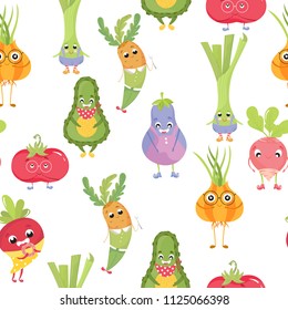 Vector seamless pattern of cute cartoon vegetable characters. Food cartoon characters concept. Funny kawaii vegetables for kids.Onion,carrot,pea,eggplant, tomato,radish, broccoli,beet.