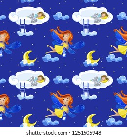 Vector seamless pattern with cute cartoon fairy flies flying against the background of the starry sky and month
