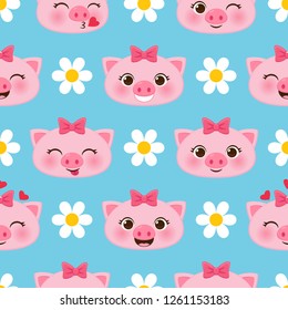 Vector seamless pattern with cute cartoon piglets with head bows for girls
