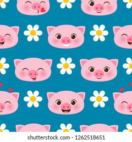 Vector seamless pattern with cute cartoon piglets on blue background