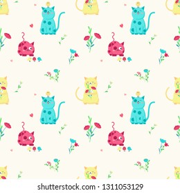 Vector seamless pattern with cute cartoon cats with spring flowers and birds. Spring cats background, wallpaper, fabric, wrapping paper.