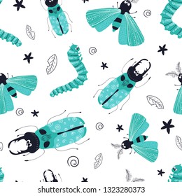 Vector seamless pattern with cute cartoon bug or beetle, flat and doodles, scandinavian style. Ideal for print, textile, fabric