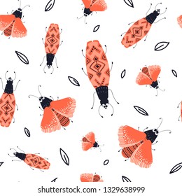 Vector seamless pattern with cute cartoon bug or beetle, flat and doodles, scandinavian style. Ideal for print, textile, fabric